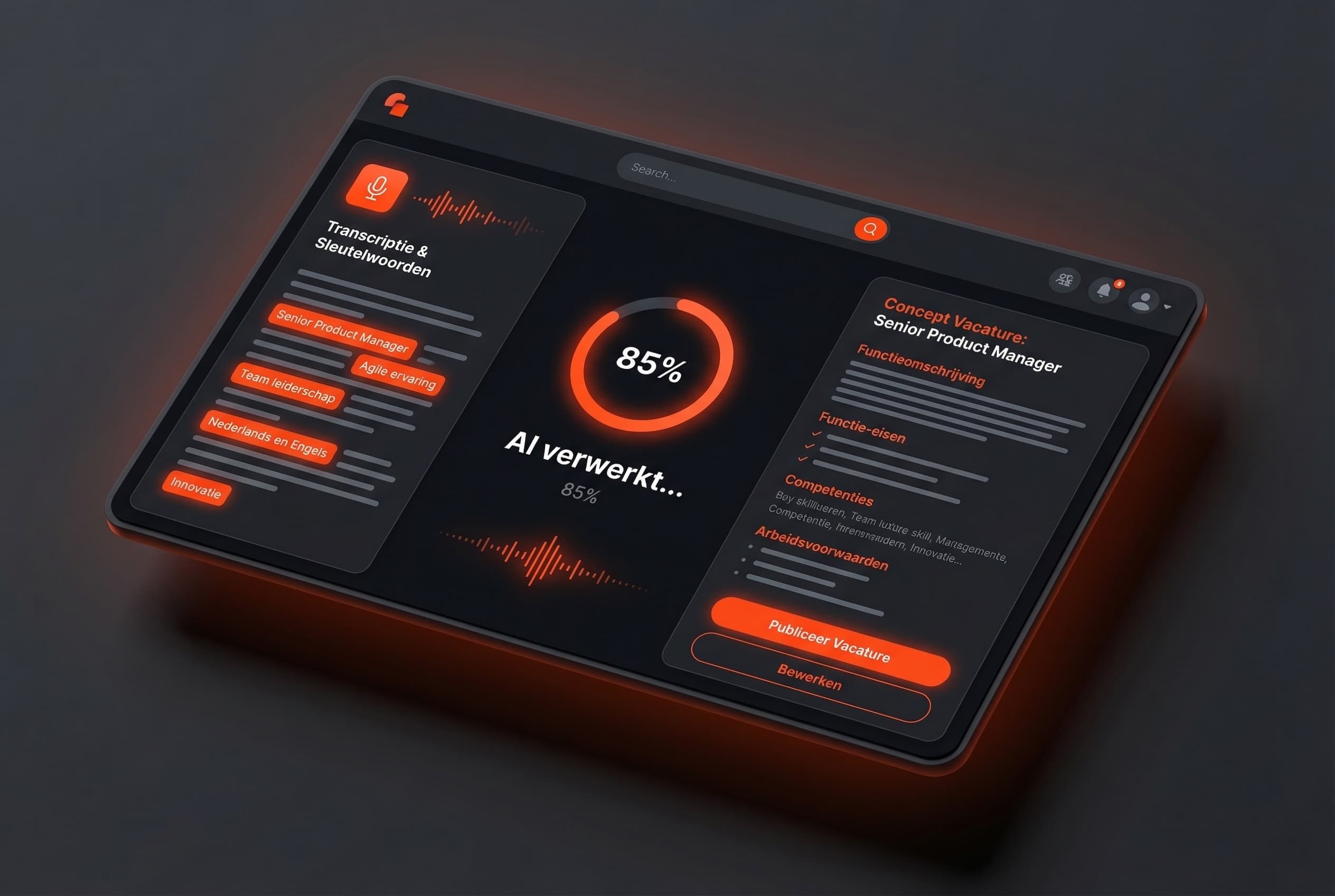 Studio Zakai dashboard — AI verwerkt een intakegesprek tot vacaturetekst